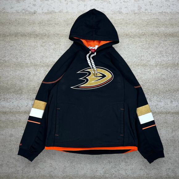 Anaheim Ducks Hoodie Black Cotton Pullover Reebok Orange Gold - Picture 1 of 3